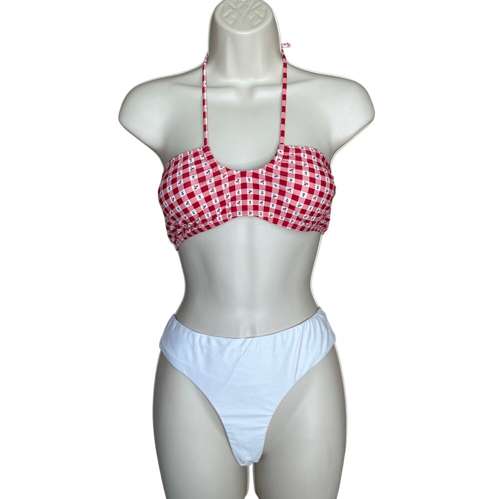 Cabana del Sol Cherry Bandeau Bikini Top and Raisins Cheeky Miami Bottom L NWT
